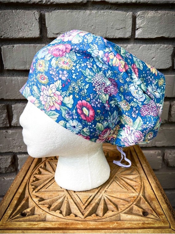 Floral Scrub Cap, Blue, Flower, Daisy, Surgical Scrub Cap, Scrub Caps for Women, Scrub Hats, Euro Pixie Toggle Hat