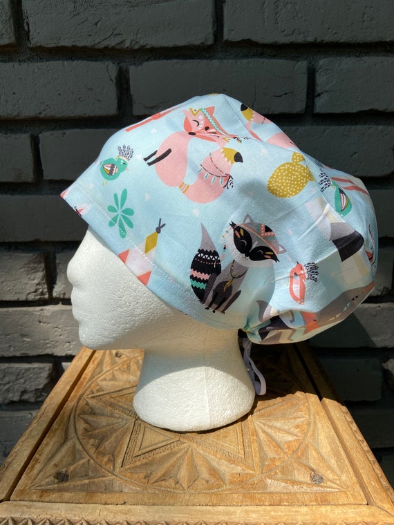 Critter Camp Out Print - Surgical Scrub Cap -Handmade- Euro Pixie Toggle Scrub Hat
