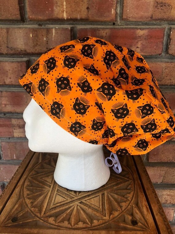 Halloween Black Cat Print- Surgical Scrub Cap -Handmade- Euro Pixie Toggle Hat