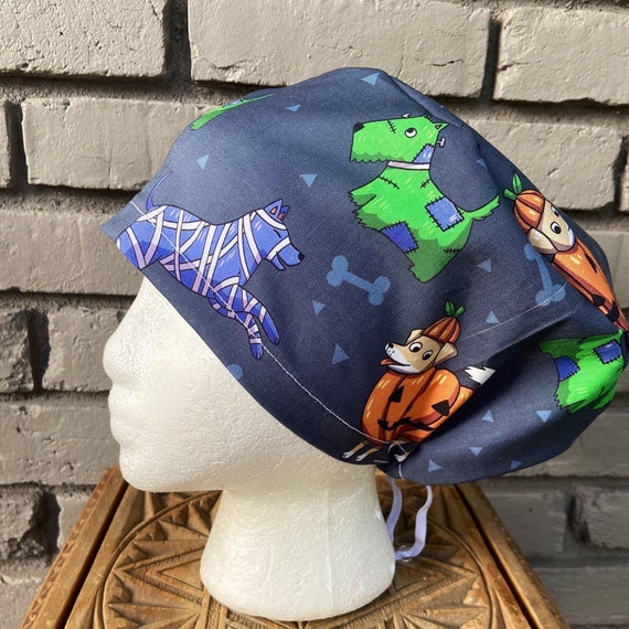 Halloween Scrub Cap, Surgical Scrub Cap, Scrub Cap for Woman, Scrub Hats, Euro Scrub Cap for Woman with Toggle, Dog