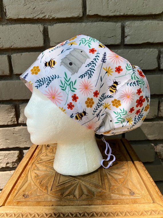 Bee Scrub Cap, Floral Hive Garden, Surgical Scrub Cap, Scrub Caps for Women, Scrub Hats, Euro Pixie Toggle Hat