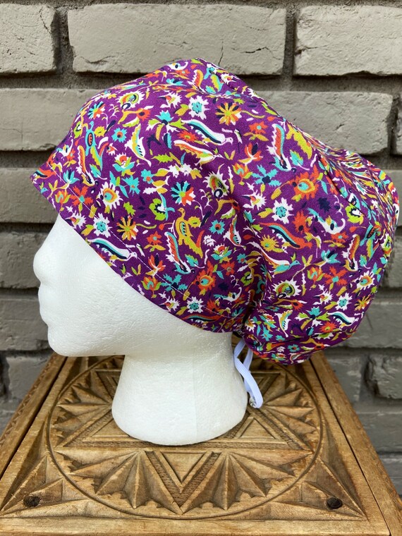 LAST ONE Purple Multicolor Bird Print - Surgical Scrub Cap -Handmade- Euro Pixie Toggle Scrub Hat