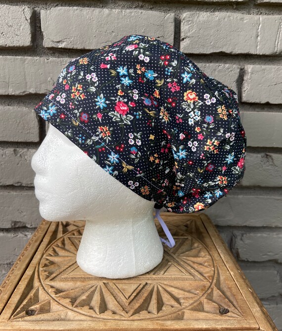Polka Dot Floral Print - Surgical Scrub Cap -Handmade- Euro Pixie Toggle Scrub Hat