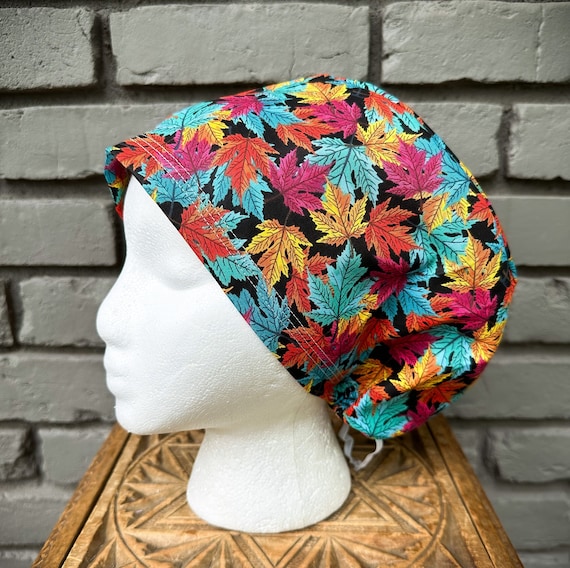 Fall Scrub Cap, Autumn Scrub Cap, Scrub Caps for Women, Scrub Hats, Euro Scrub Cap, Scrub Cap with Buttons, Scrub Hat with Toggle