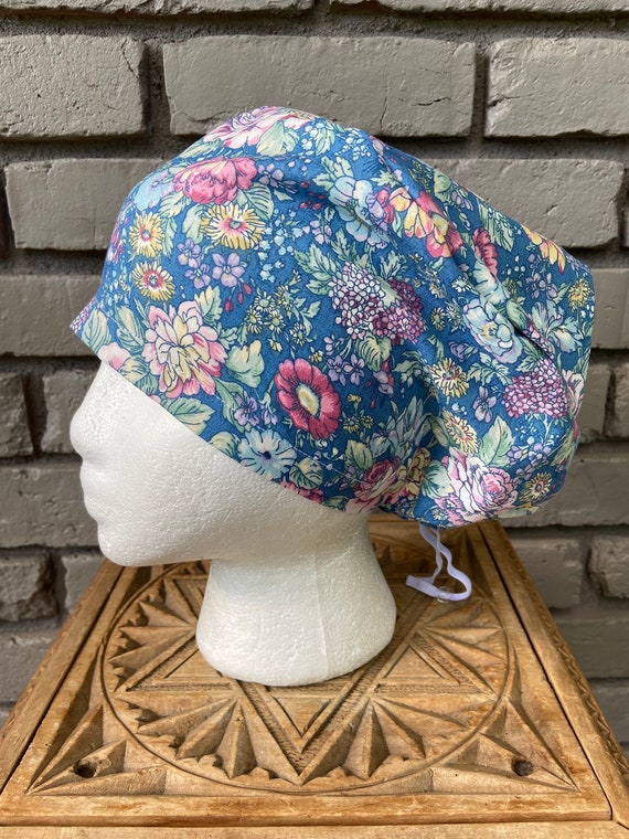 Beautiful Blue Country Floral Print - Surgical Scrub Cap -Handmade- Euro Pixie Toggle Scrub Hat