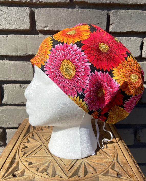 Floral Scrub Cap, Mums, Flower, Surgical Scrub Cap, Scrub Caps for Women, Scrub Hats, Euro Pixie Toggle Hat