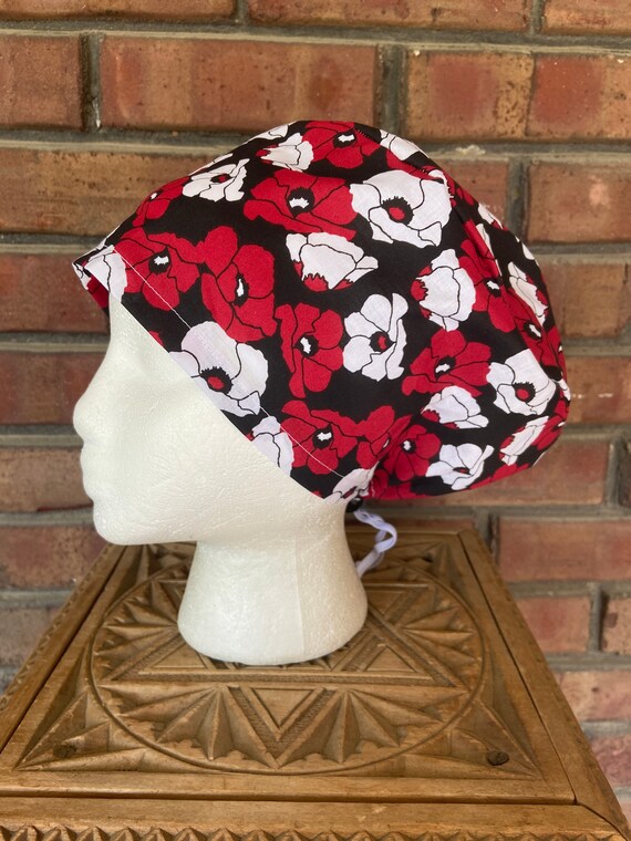 Red Poppy Floral Print - Surgical Scrub Cap -Handmade- Euro Pixie Toggle Scrub Hat