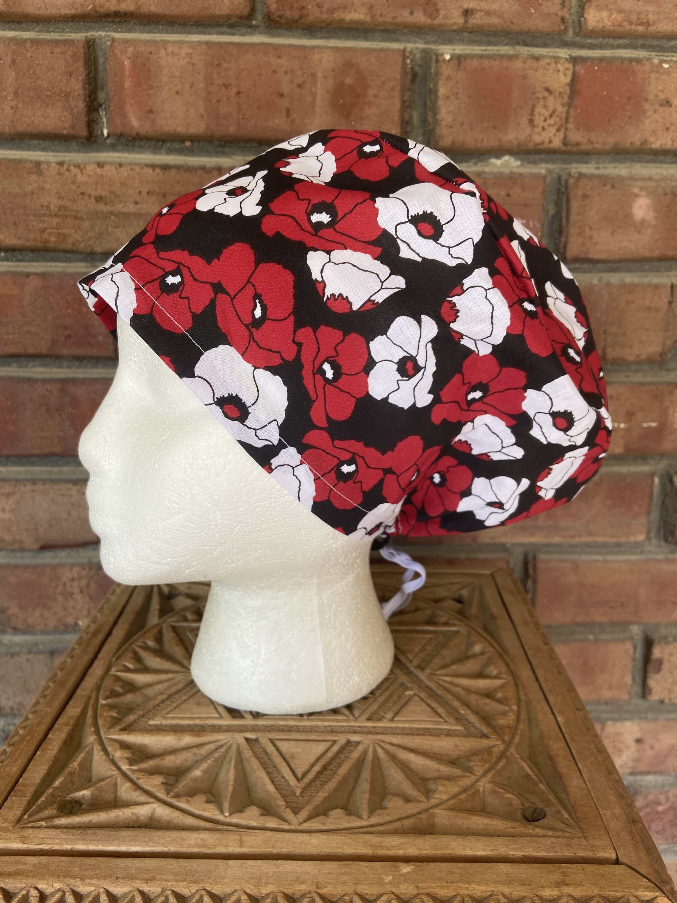 Red Poppy Floral Print Surgical Scrub Cap Handmade Euro Pixie