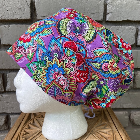 Bright Purple Mandala Print - Surgical Scrub Cap -Handmade- Euro Pixie Toggle Scrub Hat