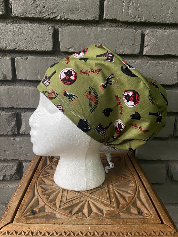 Elm Street Scrub Cap, Halloween Scrub Cap, Scrub Cap for Women, Scrub Hat, Euro Scrub Cap, Scrub Cap with Buttons, Scrub Hats with Toggle