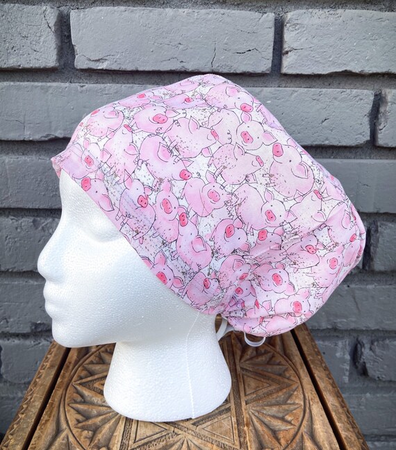 Cute Pink Piglet Print - Surgical Scrub Cap -Handmade- Euro Pixie Toggle Hat