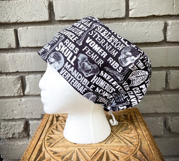 Halloween Scrub Cap, Bone Scrub Cap, Scrub Caps for Women, Scrub Hats, Euro Scrub Cap, Scrub Cap with Buttons, Scrub Hat with Toggle