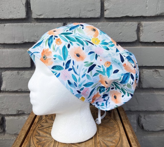 Floral Scrub Cap, Watercolor Floral, Surgical Scrub Cap, Scrub Caps for Women, Scrub Hats, Euro Pixie Toggle Hat,