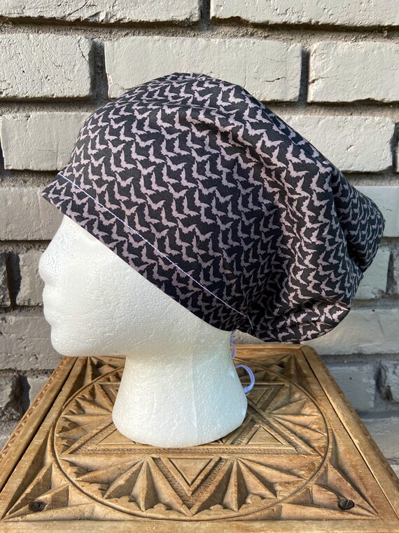 Halloween Gray and Black Bat Print - Surgical Scrub Cap -Handmade- Euro Toggle Hat
