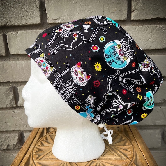 Halloween Scrub Cap, Day of the Dead, Sugar Skull, Cats, Surgical Scrub Cap, Scrub Caps for Women, Scrub Hats, Euro Pixie Toggle Hat