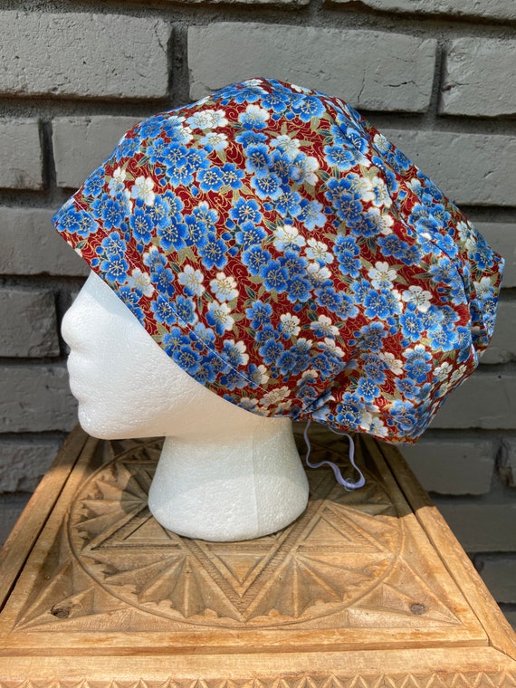 Oriental Floral Print - Surgical Scrub Cap -Handmade- Euro Pixie Toggle Scrub Hat