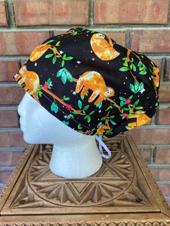 Adorable Sloth Print- Surgical Scrub Cap -Handmade- Euro Pixie Toggle Hat