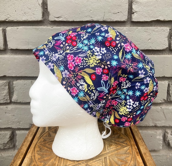 Floral Scrub Caps, Surgical Scrub Cap, Scrub Cap for Woman, Scrub Hats, Euro Scrub Cap for Woman with Toggle, Navy Floral