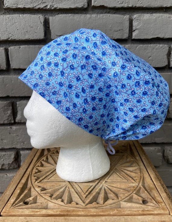 Bright Blue Rose Vine Print - Surgical Scrub Cap -Handmade- Euro Pixie Toggle Scrub Hat