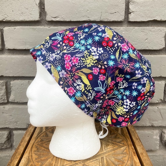 Floral Scrub Caps, Surgical Scrub Cap, Scrub Cap for Woman, Scrub Hats, Euro Scrub Cap for Woman with Toggle, Navy Floral