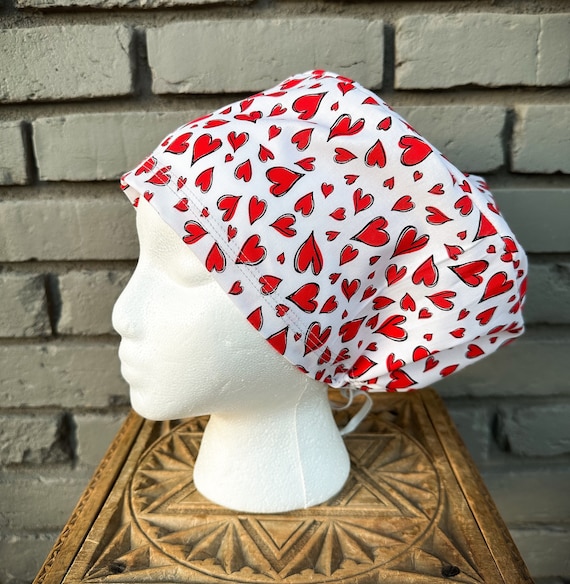 Valentines Scrub Cap, Heart Scrub Hat, Surgical Scrub Cap, Scrub Cap for Woman, Scrub Hats, Euro Scrub Cap for Woman with Toggle,