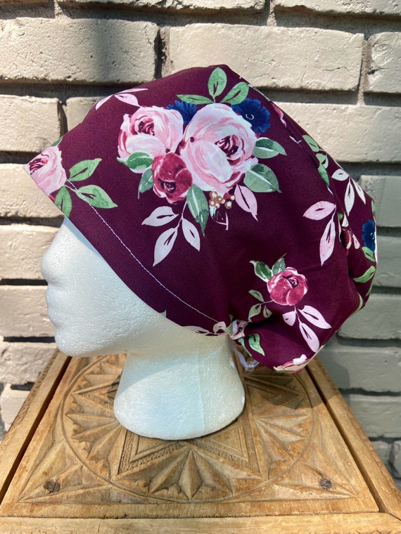 Floral Scrub Cap, Maroon Rose Flower, Surgical Scrub Cap, Scrub Caps for Women, Scrub Hats, Euro Pixie Toggle Hat