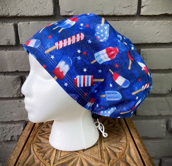 Bomb Pop Scrub Cap, Glitter, Patriotic, Surgical Scrub Cap, Scrub Cap for Woman, Scrub Hats, Euro Scrub Cap for Woman with Toggle