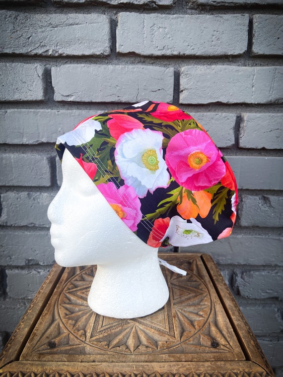 Floral Scrub Caps, Surgical Scrub Cap, Scrub Cap for Woman, Scrub Hats, Euro Scrub Cap for Woman with Toggle, Poppy