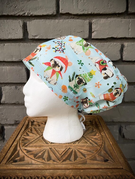 Christmas Scrub Cap, Pug, Surgical Scrub Cap, Scrub Caps for Women, Scrub Hats, Euro Pixie Toggle Hat,