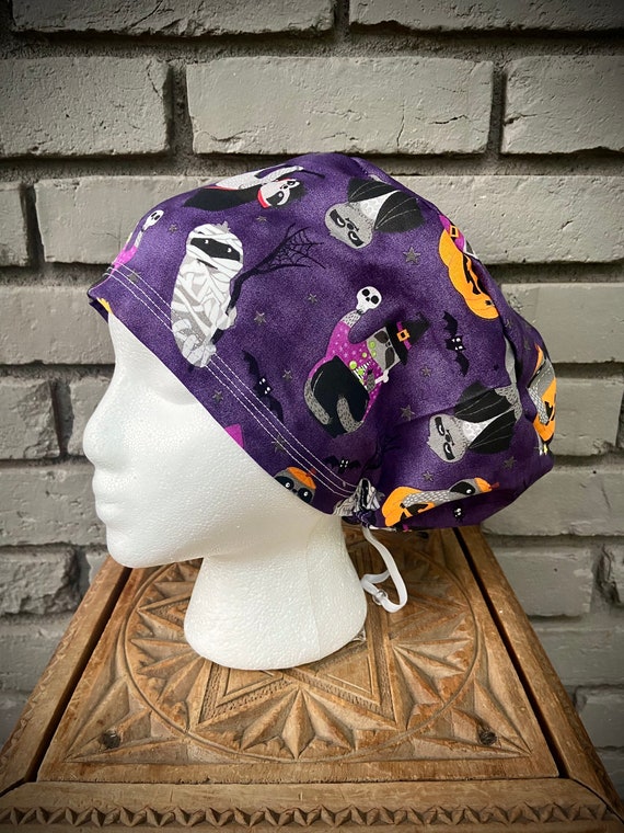 Halloween Scrub Caps, Sloth Scrub Cap, Scrub Caps for Women, Scrub Hats, Euro Scrub Cap, Scrub Cap with Buttons, Scrub Hat with Toggle