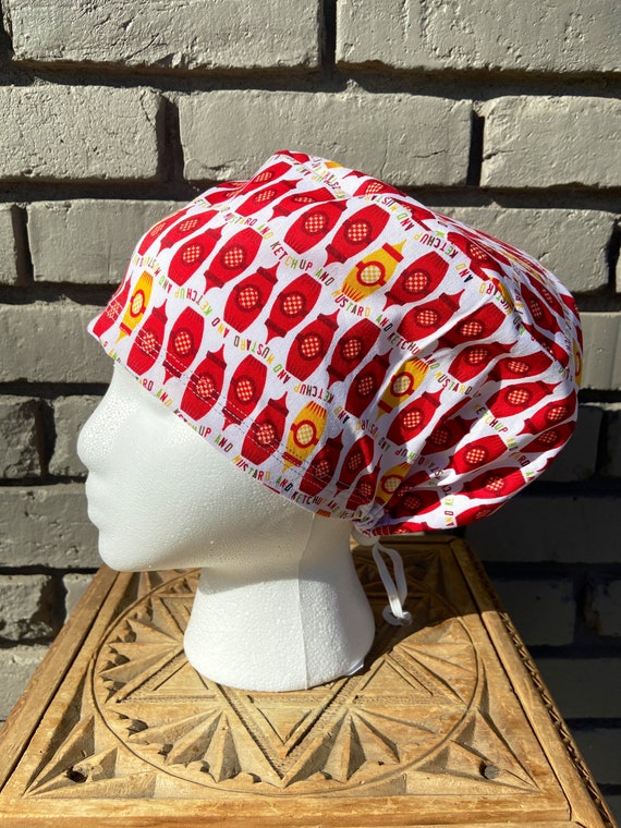 Ketchup and Mustard Scrub Cap, Surgical Scrub Cap, Scrub Cap for Woman, Scrub Hats, Euro Scrub Cap for Woman with Toggle