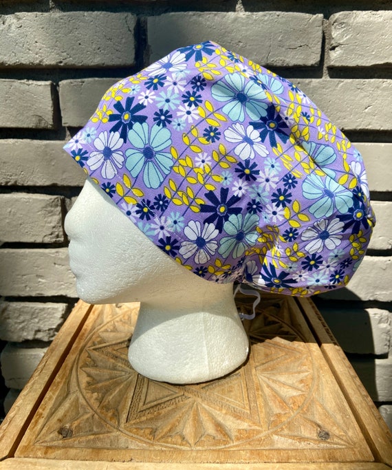 Purple, Yellow, and Aqua Daisy Floral Print - Surgical Scrub Cap -Handmade- Euro Pixie Toggle Scrub Hat