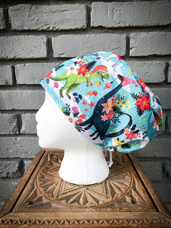 Dinosaur Scrub Cap, Dinosaur, Surgical Scrub Cap, Scrub Caps for Women, Scrub Hats, Euro Pixie Toggle Hat, Christmas Scrub cap