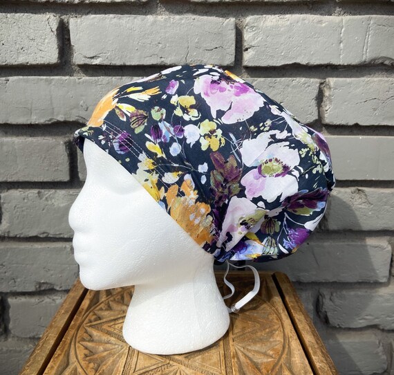 Floral Scrub Cap, Purple Floral, Surgical Scrub Cap, Scrub Caps for Women, Scrub Hats, Euro Pixie Toggle Hat,
