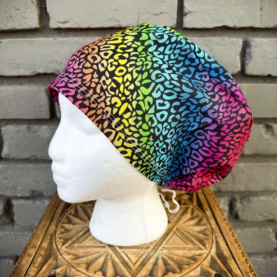 Cheetah Print Scrub Cap, Rainbow, Surgical Scrub Cap, Scrub Cap for Woman, Scrub Hats, Euro Scrub Cap for Woman with Toggle