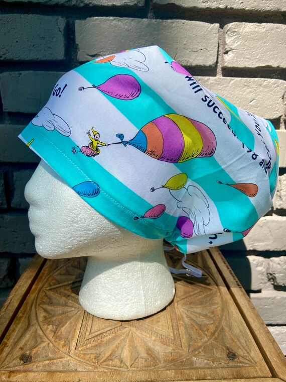 Dr. Seuss Oh the Places You’ll Go Print - Surgical Scrub Cap -Handmade- Euro Pixie Toggle Scrub Hat