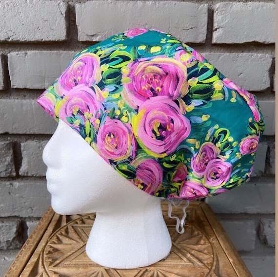 Floral Scrub Cap, Painted Pink Flower, Surgical Scrub Cap, Scrub Caps for Women, Scrub Hats, Euro Pixie Toggle Hat