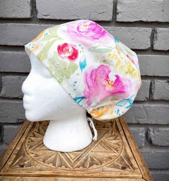 Floral Scrub Cap, Pink Flower, Surgical Scrub Cap, Scrub Caps for Women, Scrub Hats, Euro Pixie Toggle Hat, Peony