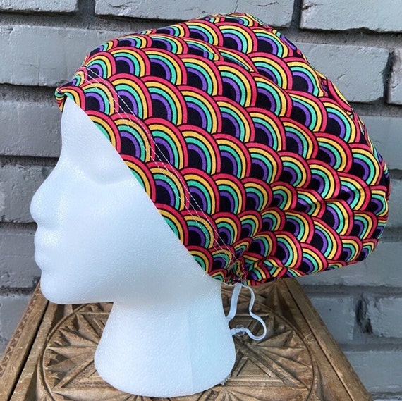 Rainbow Scrub Cap, Surgical Scrub Cap, Scrub Caps for Women, Scrub Hats, Euro Scrub Cap, Scrub Cap with Buttons, Scrub Hat with Toggle