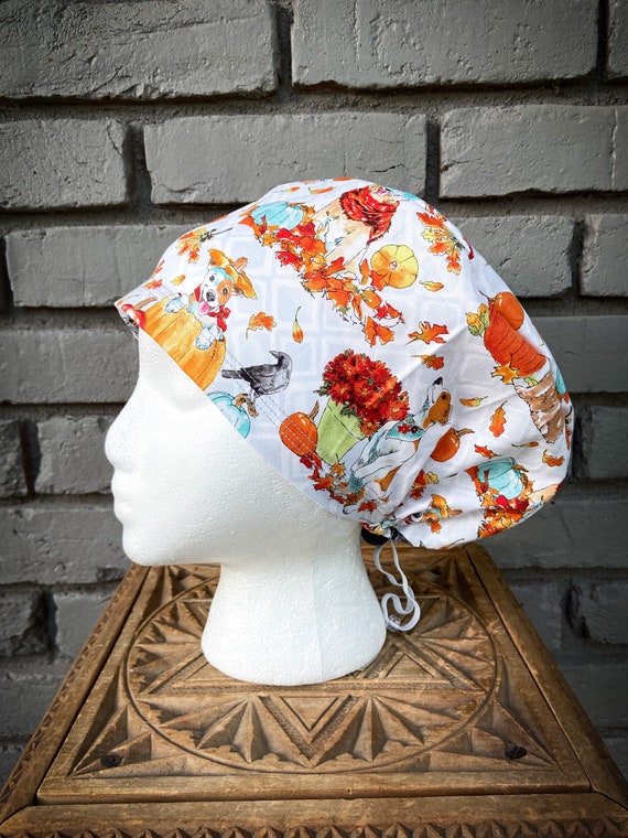Fall Scrub Cap, Floral, Pumpkin, Dog Scrub Cap, Surgical Scrub Cap, Scrub Caps for Women, Scrub Hats, Euro Pixie Toggle Hat