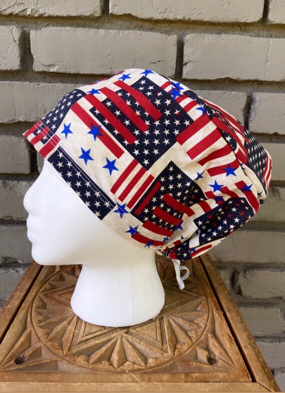 Patriotic Scrub Cap, Surgical Scrub Cap, Scrub Cap for Woman, Scrub Hats, Euro Scrub Cap for Woman with Toggle, American Flag