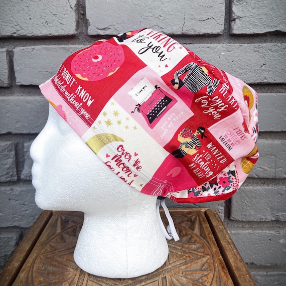 Heart Scrub Cap, Valentines, Surgical Scrub Cap, Scrub Caps for Women, Scrub Hats, Euro Pixie Toggle Hat