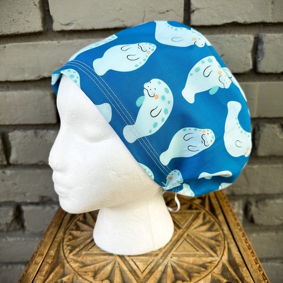 Manatee Scrub Cap, Sea Cow Scrub Cap, Ocean Scrub Cap, Surgical Scrub Cap, Scrub Caps for Women, Scrub Hats, Euro Pixie Toggle Hat