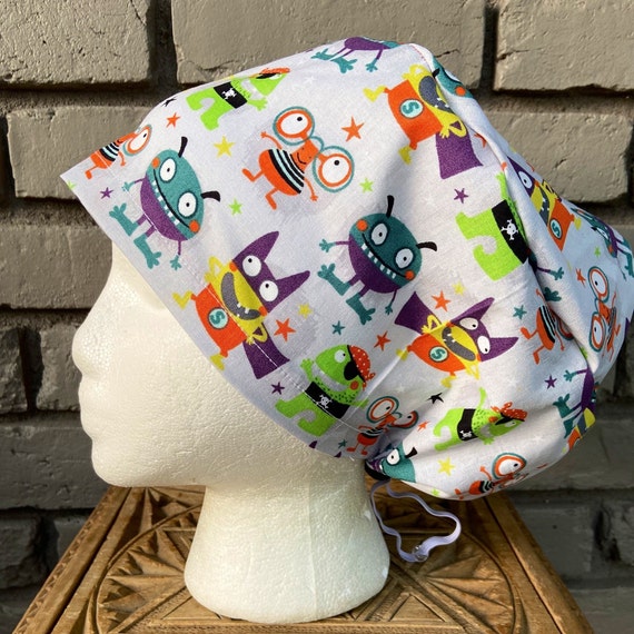 Halloween Surgical Cap,Monster Scrub Cap, Scrub Caps for Women, Scrub Hats, Euro Scrub Cap, Scrub Cap with Buttons, Scrub Hat with Toggle