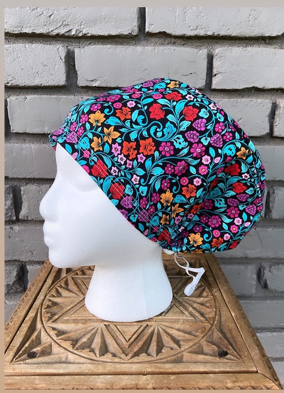 Floral Scrub Cap, Colorful Flowers, Surgical Scrub Cap, Scrub Caps for Women, Scrub Hats, Euro Pixie Toggle Hat