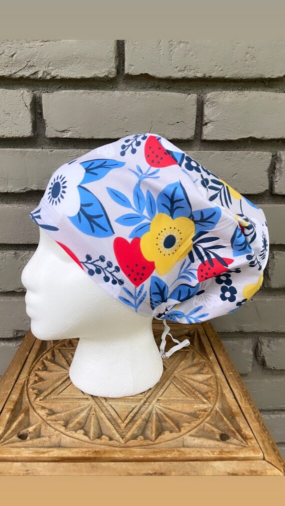 Floral Scrub Cap, Surgical Scrub Cap, Scrub Caps for Women, Scrub Hats, Euro Scrub Cap, Scrub Cap with Buttons, Scrub Hat with Toggle