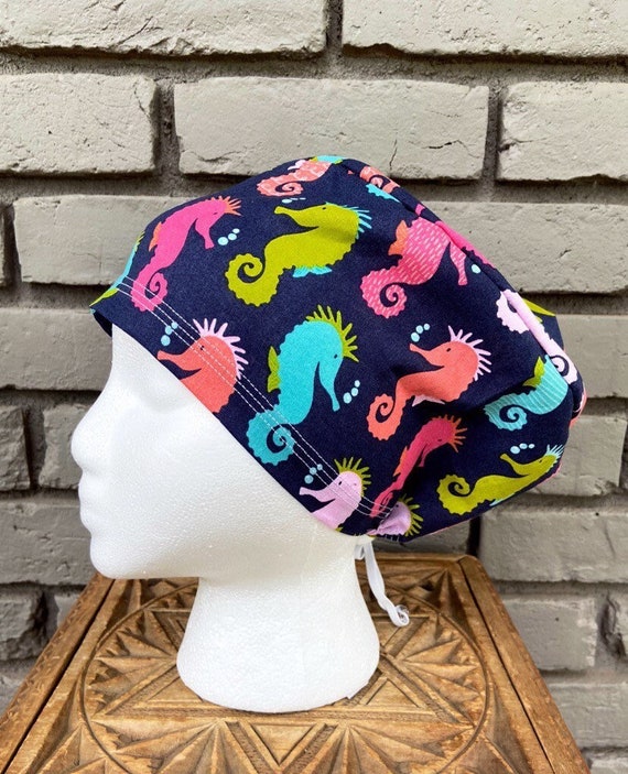 Seahorse Scrub Cap, Surgical Scrub Cap, Scrub Cap for Woman, Scrub Hats, Euro Scrub Cap for Woman with Toggle, Ocean