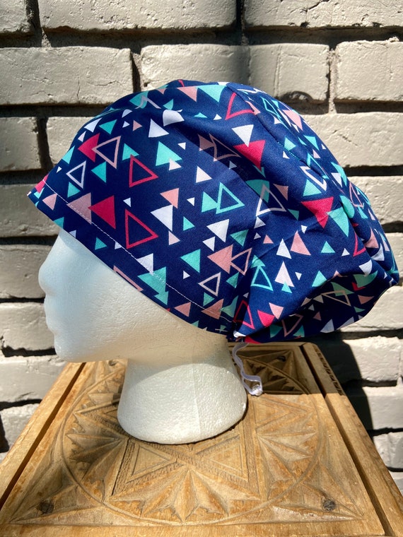 Navy, Pink, and Aqua Geometric Triangle Print - Surgical Scrub Cap -Handmade- Euro Pixie Toggle Scrub Hat