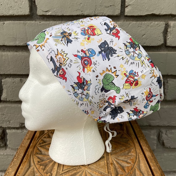 Superhero Scrub Cap, Surgical Scrub Cap, Scrub Caps for Women, Scrub Hats, Euro Scrub Cap, Scrub Cap with Buttons, Scrub Hat with Toggle