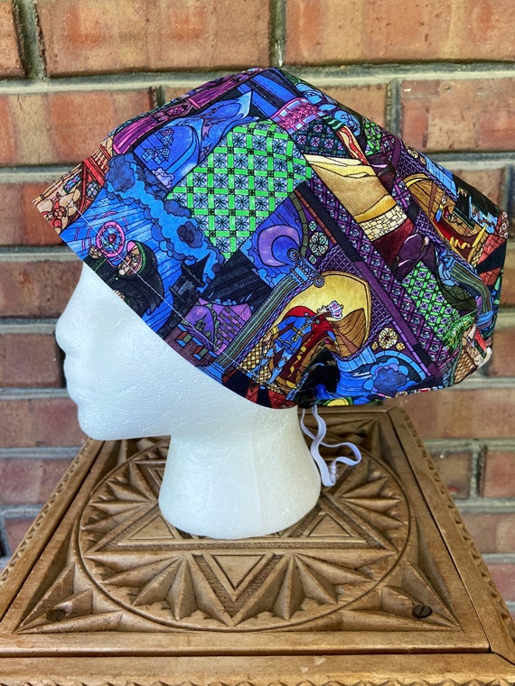Disney Scrub Cap, Beauty and the Beast Stained Glass, Surgical Scrub Cap, Scrub Caps for Women, Scrub Hats, Euro Pixie Toggle Hat